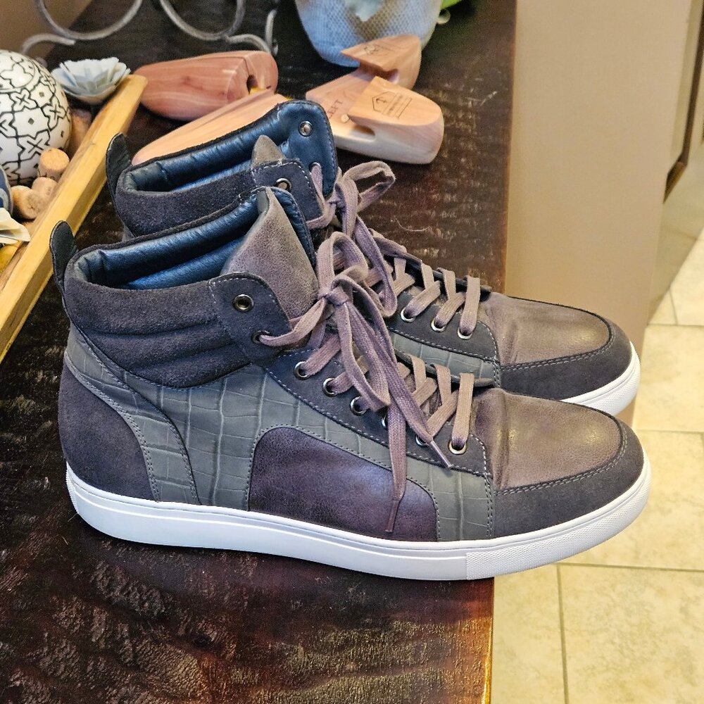 English Laundry Men's Leather/Suede Hi-Top Sneakers, Gray, Sz 12